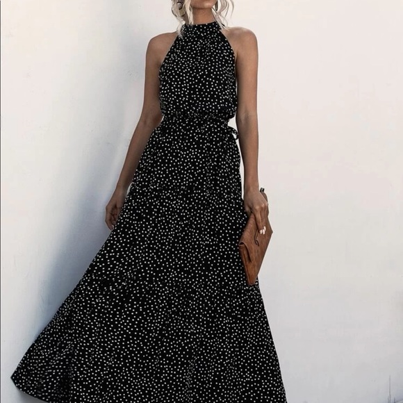 Boho Gypsy Dot Halter Maxi Dress New BLACK - Picture 4 of 4